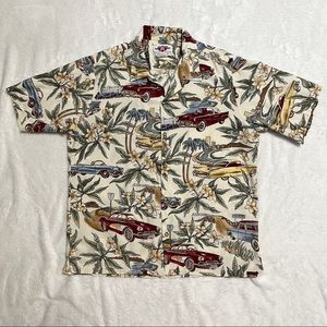 Vintage ANGELICA Hawaiian Shirt Mens Size Large Classic Auto and Tropical Print